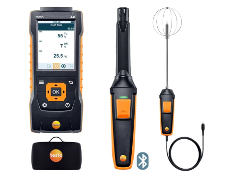Miernik wielofunkcyjny Testo 440 z sondą Bluetooth do pomiaru CO₂ i sondą pomiaru turbulencji